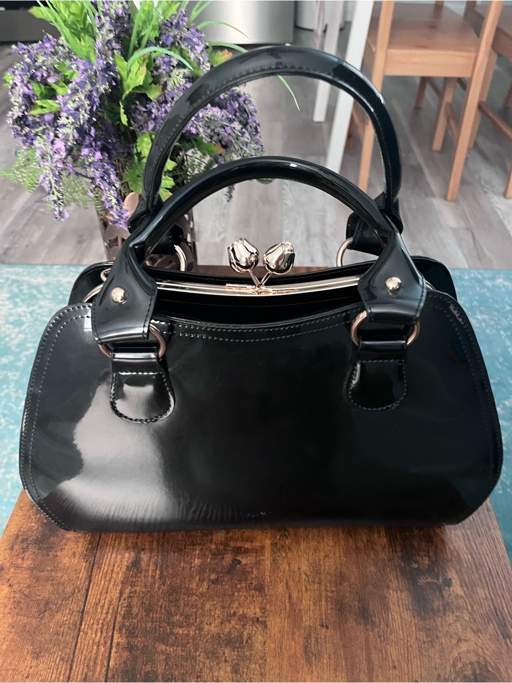 Patent Black Satchel Handbag with Top Handles